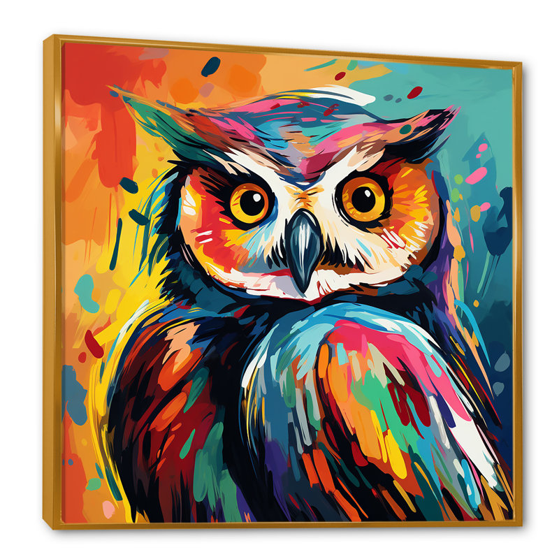 Chouette multicolore «Popart», art mural, H 36 po x l 36 po x P 1,5 po, Cadre flottant doré
