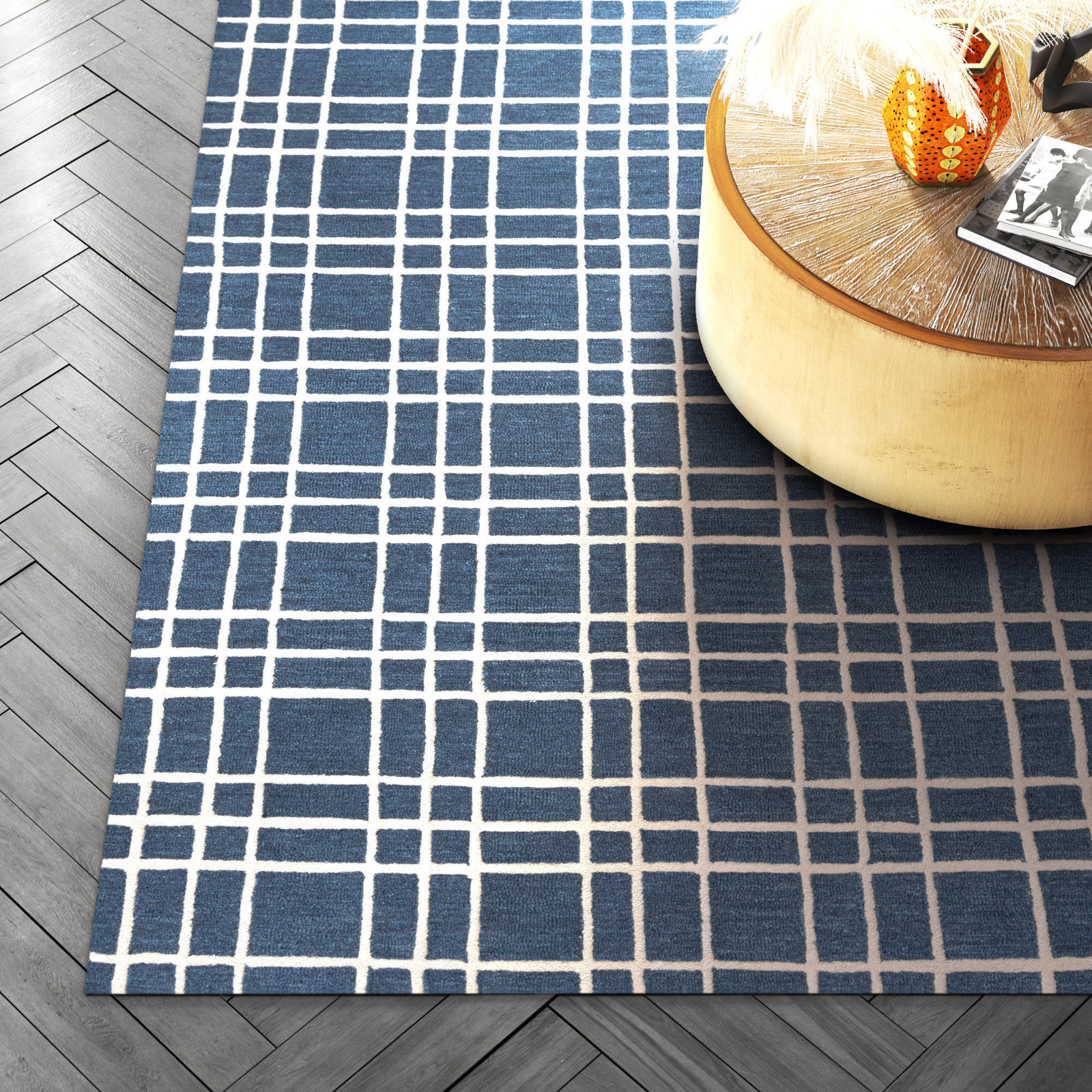 Alec Blue Hand-Tufted Plaid Wool Rug, Rectangle 7'9" x 9'9"