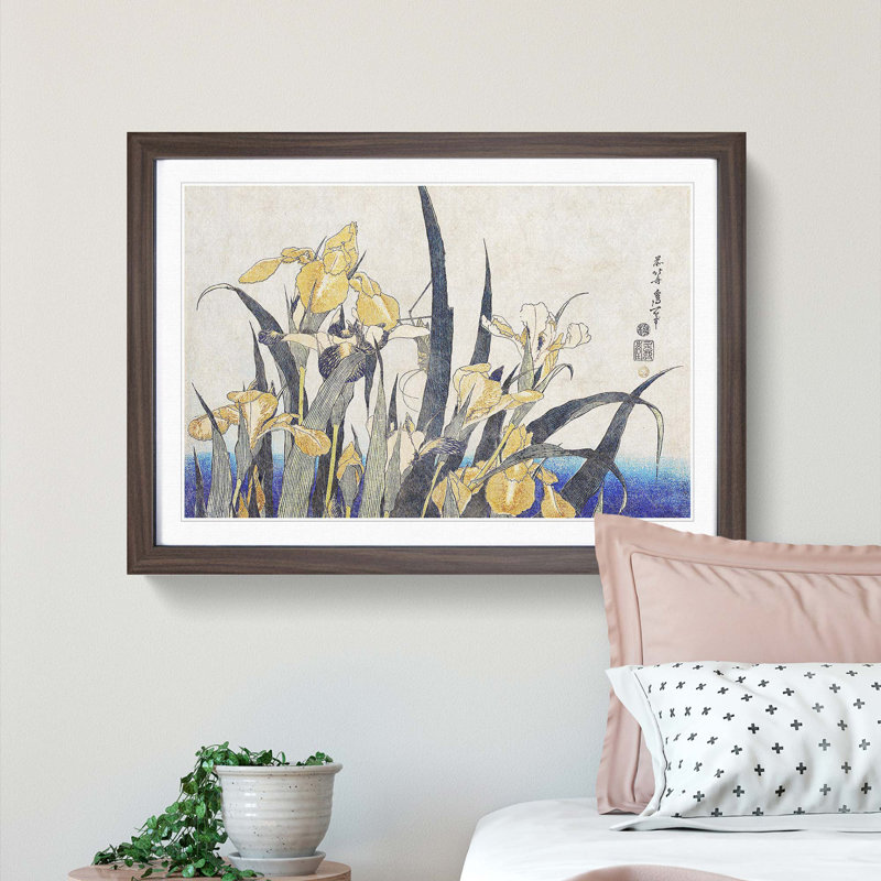 Grasshopper & Iris Flowers by Katsushika Hokusai - Picture Frame Painting Print, 36cm H x 48cm W x 2cm D, Walnut Framed