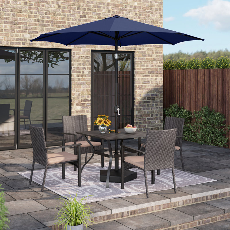 6 Pcs Patio Dining Set 4  Armchairs And Square Table With Umbrella, Navy Blue
