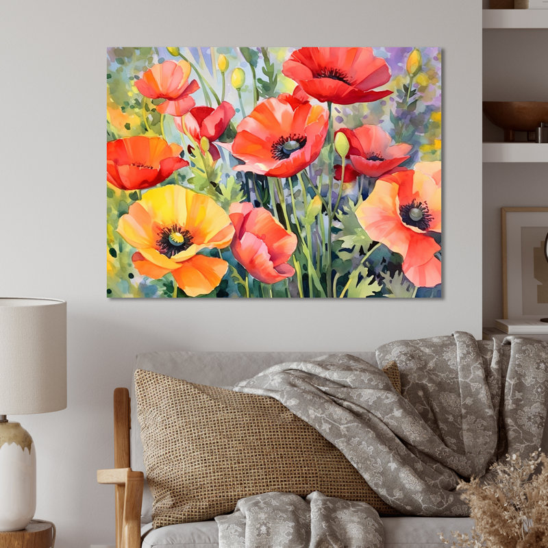 Vibrant Poppies I - Art mural floral en métal, H 12 po x l 20 po
