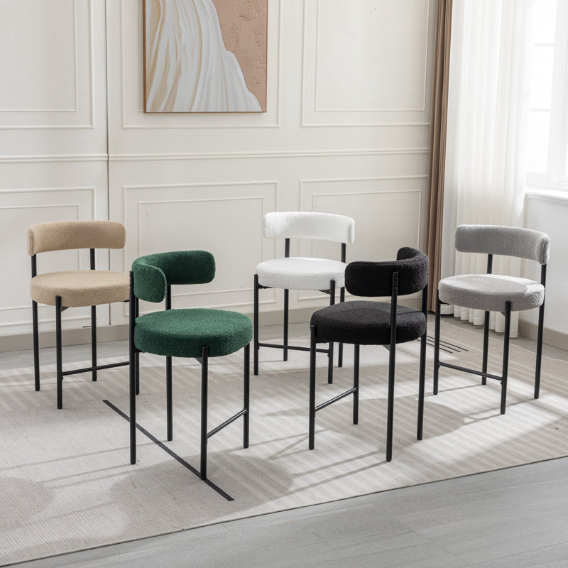 Beige Bouclé Upholstered Counter Stools with Metal Frame, Set of 4
