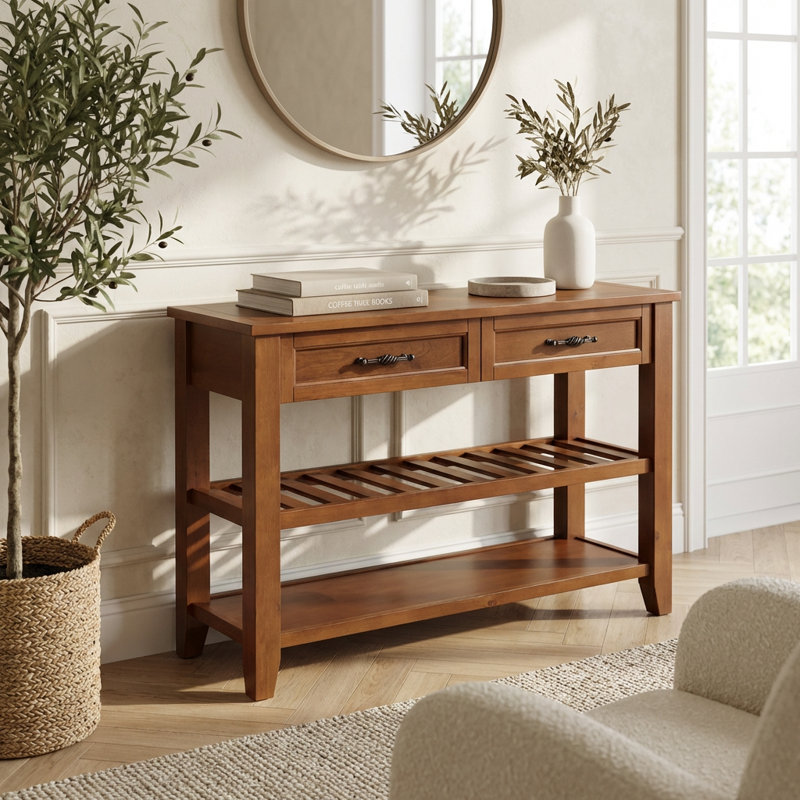Console en bois massif de style Mid-Century avec deux tiroirs de rangement et deux tablettes ouvertes