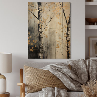 Monochrome Tree Whispers Of Grey And Gold On Wood Print