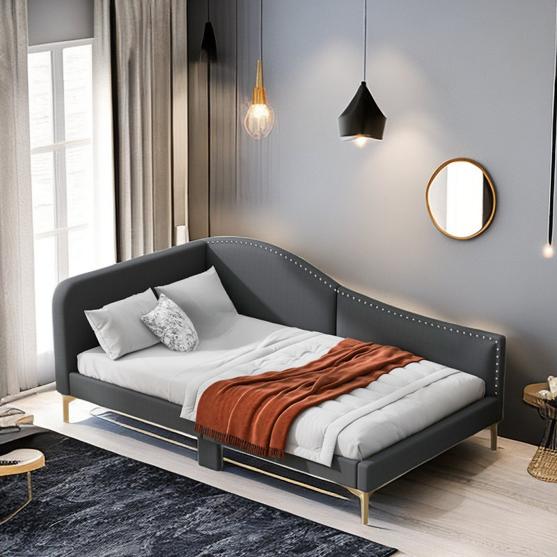 Jivko Upholstered Daybed with Headboard and Armrest, Gray, Twin