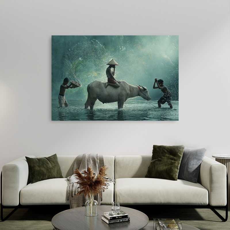 Boys Splashing Buffalo Peaceful Serene Abstract Buffalo Forest Nature Wall Art Print by Vichaya - Wrapped Canvas Print