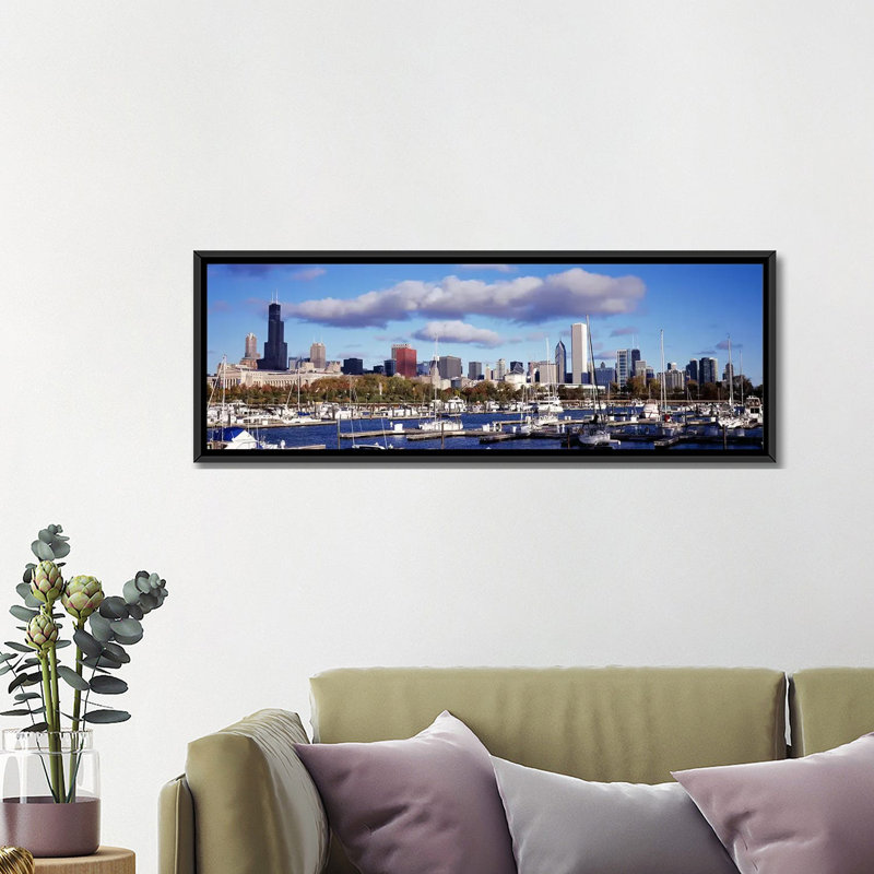 Des bateaux panoramiques fixés à la burnham harbor, chicago, illinois, reproduction de photo sur toile, Cadre noir
