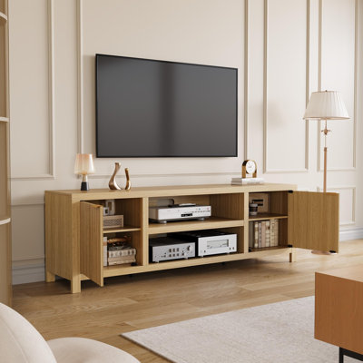 Modern Entertainment Center for 75-Inch+ TVs, TV Stand with 2-Tier Storage, Adjustable Shelves, 2 Textured Doors and Gold Handle for Living Room or Bedroom