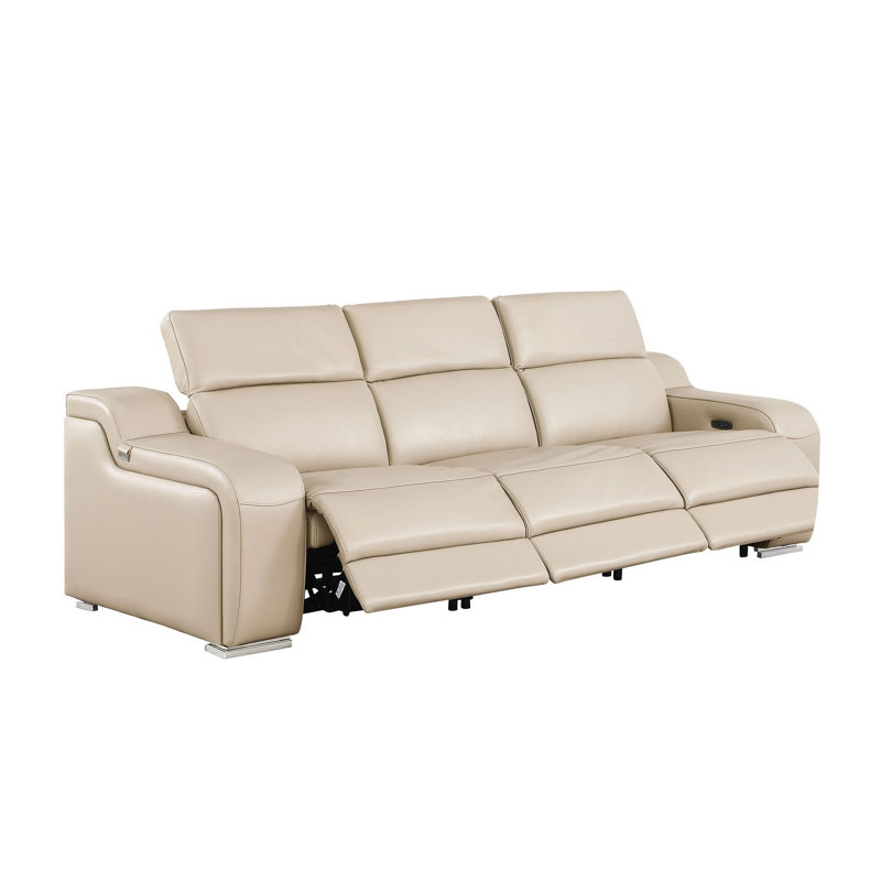 103" Beige Italian Leather Reclining USB Sofa