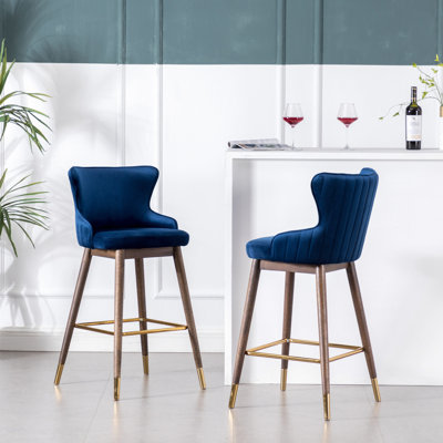 2 tabourets de bar à oreilles bleus - siège rembourré en mousse dense, revêtement de style Mid-Century, pieds en bois d'hévéa noyer, décor électroplaqué or, l 18,5 po x P 20,3 po x H 28,3 po, siège 2 pièces avec pieds rembourrés de style