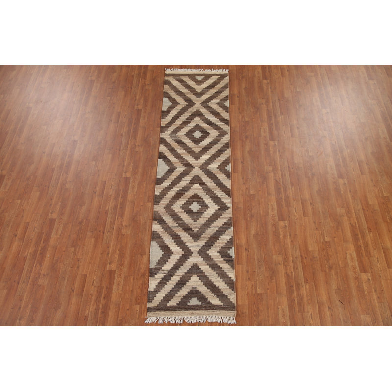 Geometric Kilim Reversible Wool Runner Rug 3x10
