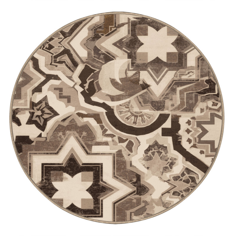 Machine Washable Manhasset Global Inspired Moroccan Rug in Beige – Beige Binding, 3' Round