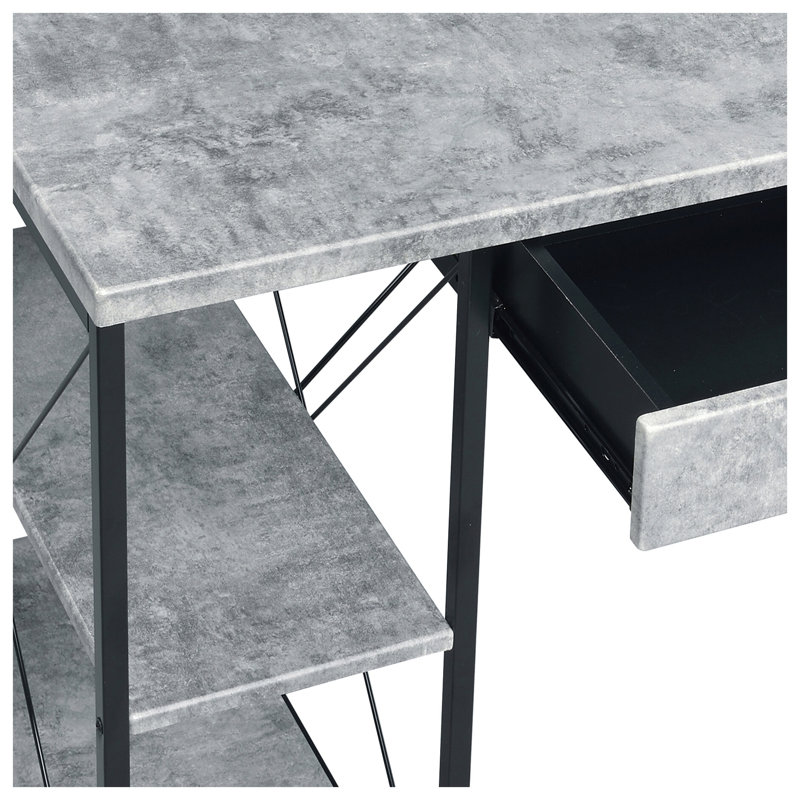 Bureau gris et noir avec tablettes du haut, tablettes ouvertes et tiroirs de rangement, Grey Concrete/Black