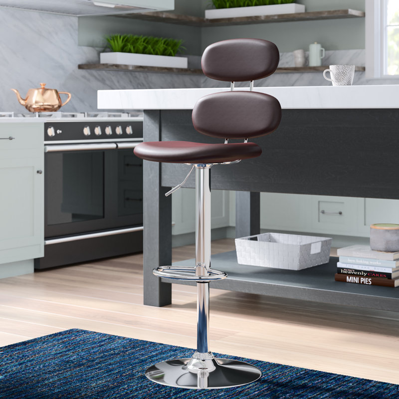 Contemporary Vinyl Adjustable Height Barstool with Ellipse Back and Chrome Base, Brown