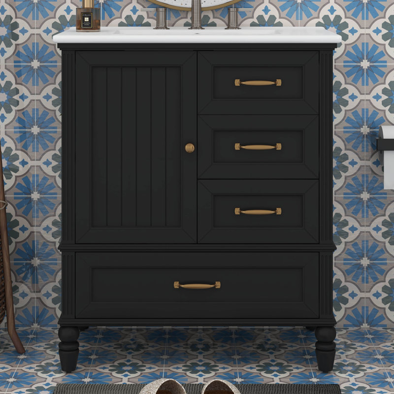 Meuble-lavabo de 30 po avec lavabo en céramique, armoire de salle de bain avec porte et trois tiroirs, pieds en bois massif et panneau de fibres à densité moyenne, patins réglables