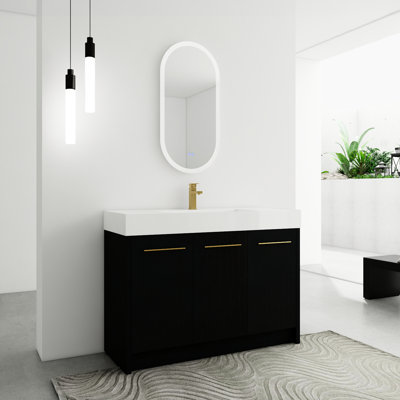 Meuble-lavabo de 48 po avec lavabo en résine, porte sans effort, fonctionnalité moderne, exposition de châtaignier noir, évier d'armoire de 48 po en contreplaqué, accessoire calme, présentation,