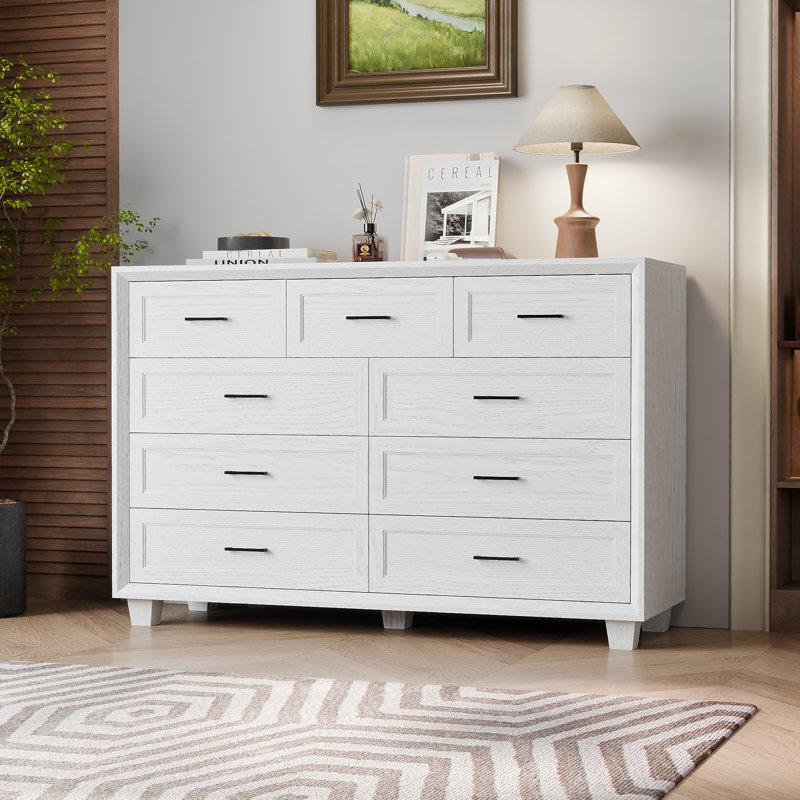 9 Drawer Double Dresser, White Wood