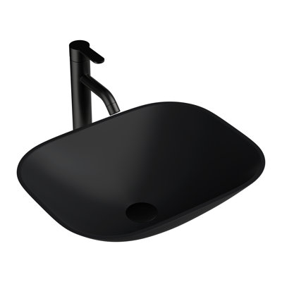Lavabo de salle de bain en verre noir 16 po Lofeyo, lavabo vasque carré en verre trempé avec robinet et bonde escamotable, noir pur, l 18-1 / 2 po x H 4-2 / 5 po