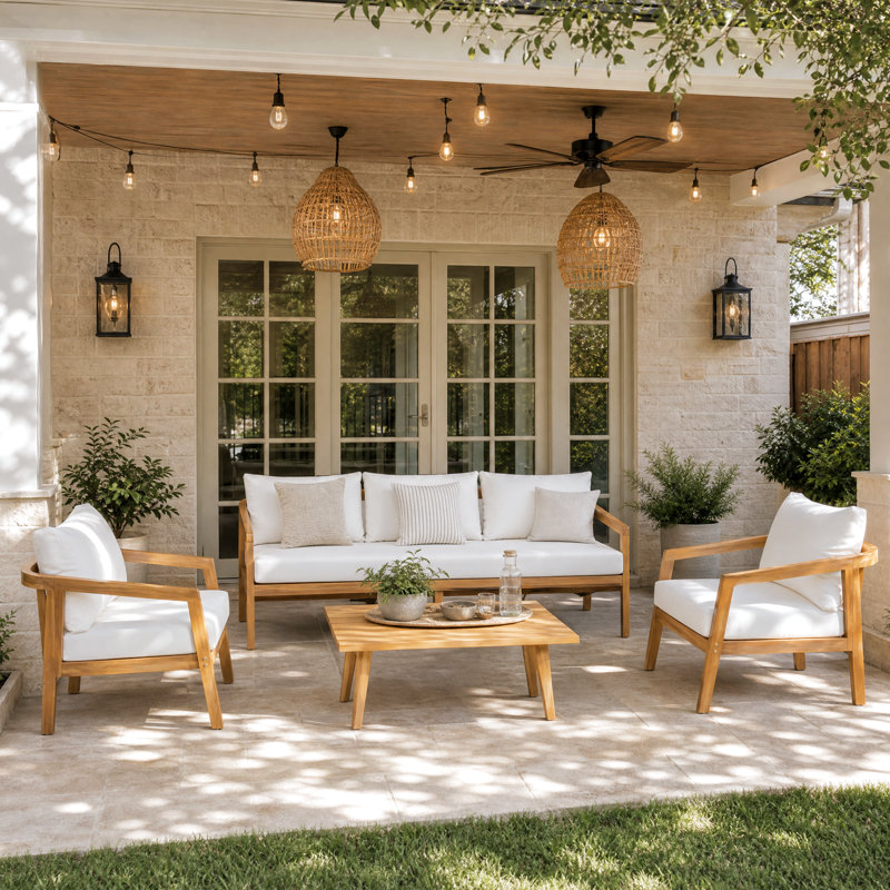Ensemble de conversation pour l'extérieur en bois d'acacia pour 5 personnes avec coussins Airwyn, Beige