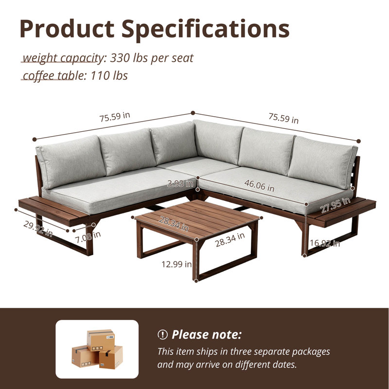 Solid Wood L-Shape Outdoor Sectional Sofa Set With Coffee Table