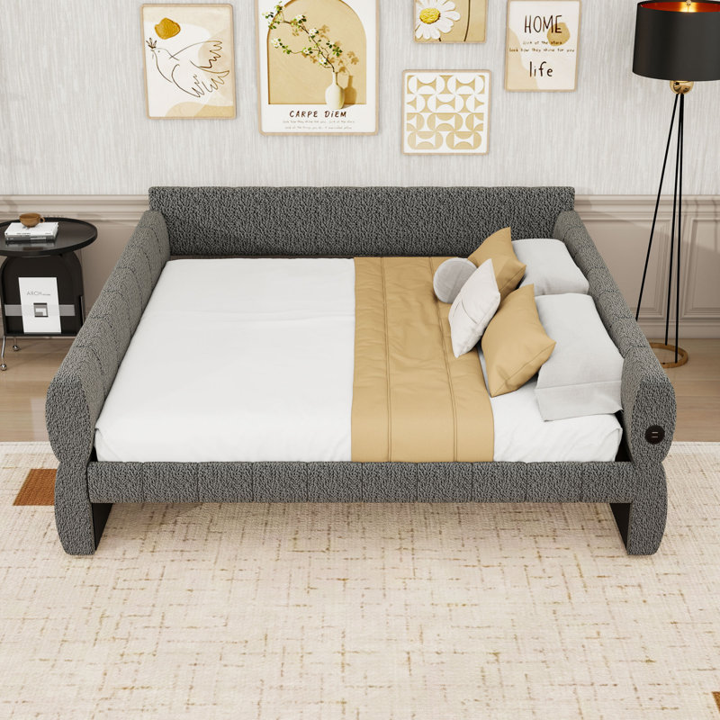 Upholstered Daybed Frame with USB Ports, Gray