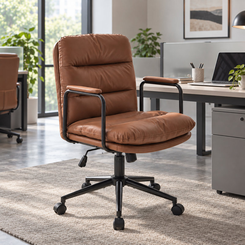 Chaise de bureau en polyuréthane, chaise de bureau pivotante à hauteur réglable avec accoudoirs rembourrés, coussin épais et pochette de rangement, chaise d'ordinateur ergonomique pour le bureau personnel