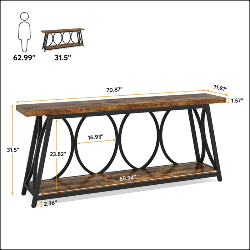 71" Vintage Industrial Console Table with 2-Tier Storage