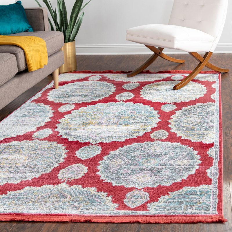Tapis oriental en polypropylène tissé à la machine en rouge / gris / bleu, Rectangle de 10 pi x 14 pi