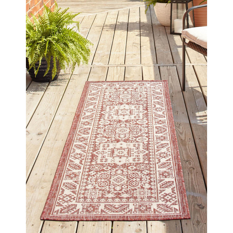 Tapis intérieur / extérieur rouge rouille en polypropylène tissé à la machine Archange, Tapis de couloir 2 pi x 6 pi