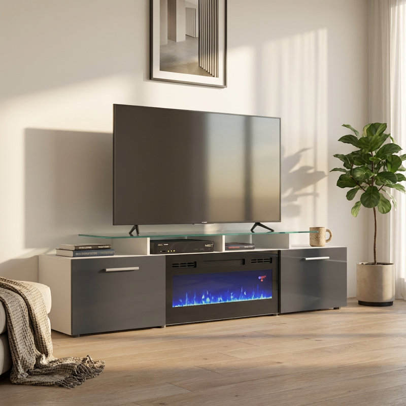 Aiyah 75" Modern TV Stand with Electric Fireplace, High Gloss Finish, Media Storage, White/Gray