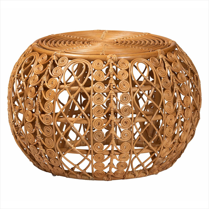 Table basse ronde avec motif géométrique ajouré en rotin naturel, largeur de 30 pouces