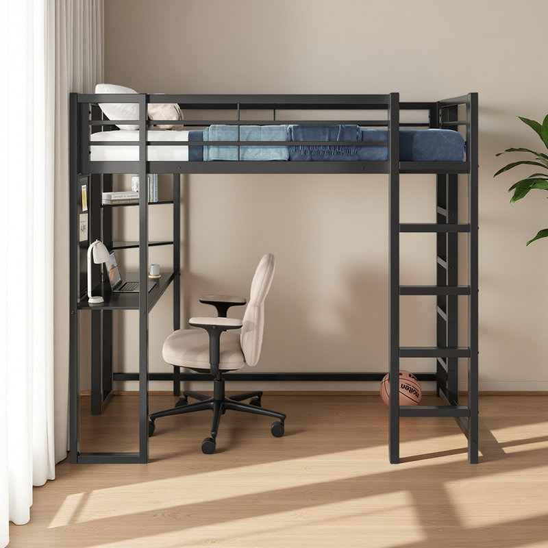 Loft Bed With Desk, Metal Loft Bed Twin Size, Loft Bed Frame With Desk And Storage Compatible With Boys Girls Teens, Black Bedroom Bed Frame