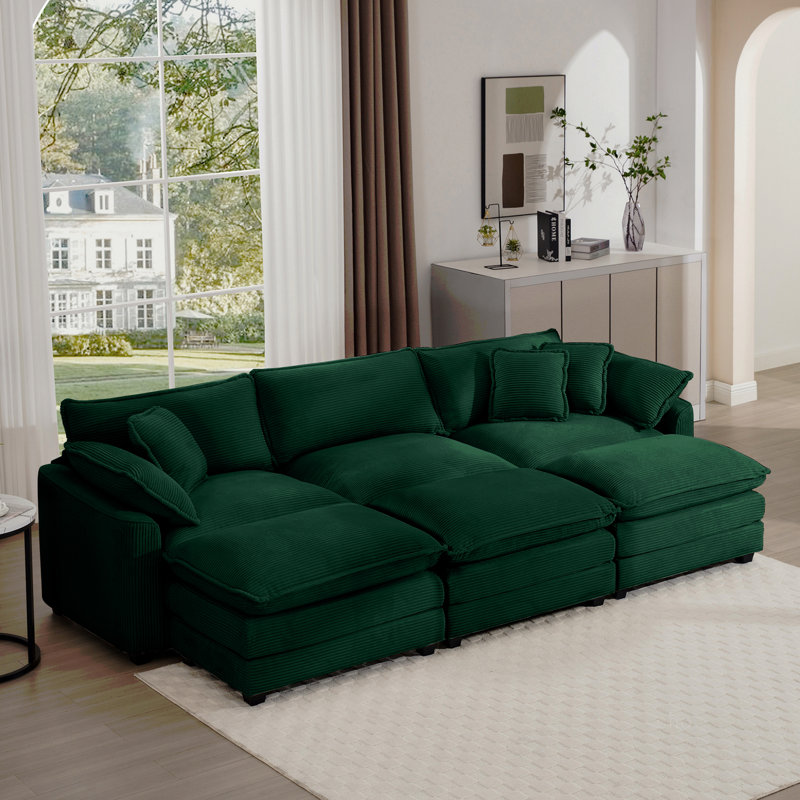 Ensemble de canapé surdimensionné à coussins modulaires, repose-pieds portatif, ensemble de canapé d'angle à dossier bas en L à assise profonde pour ensemble de salon, Velours côtelé vert