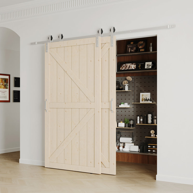 Porte de grange coulissante - Ensemble de quincaillerie en bois de pin massif préfini naturel de style K avec dérivation en nickel