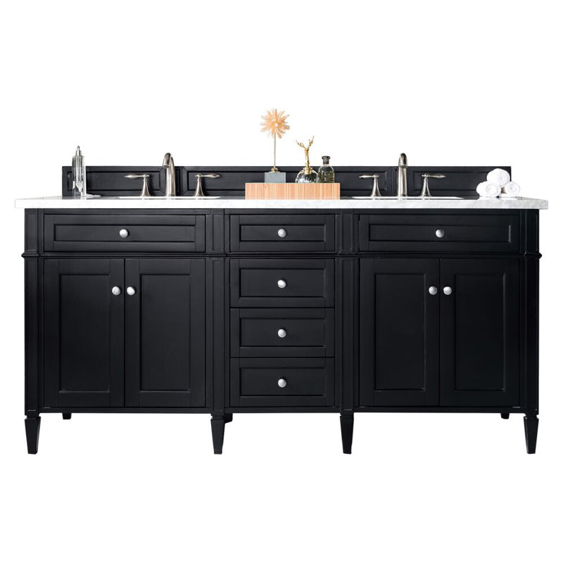 Brittany 72" W Double Vanity, 8" Widespread, Carrara White, Black Onyx