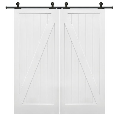 Panelled Manufactured Wood Primed Planked Barn Door with Installation Hardware Kit