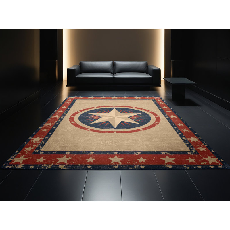 Soft Plush Escoto July 4Th Modern & Contemporary Abstract Area Rug in Beige – Navy Binding, 8x10