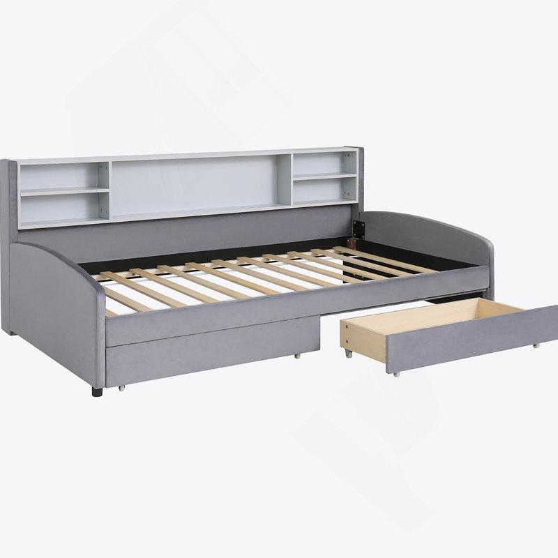 Lit plateforme tapissier avec tiroirs, Gris