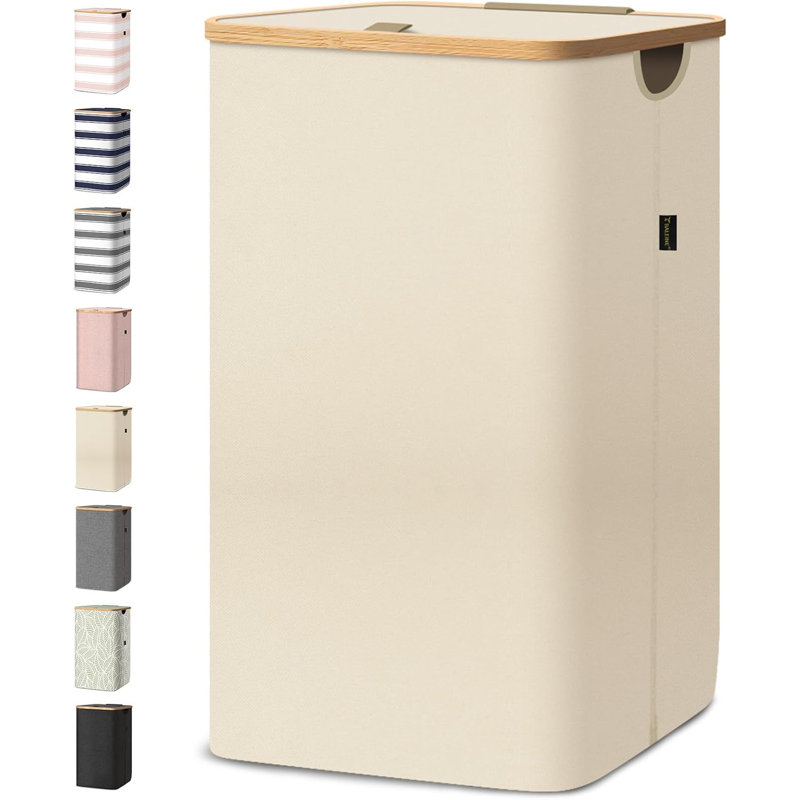 Panier à linge avec couvercle, poignées en bambou et cadre robuste, 104 pte, Beige