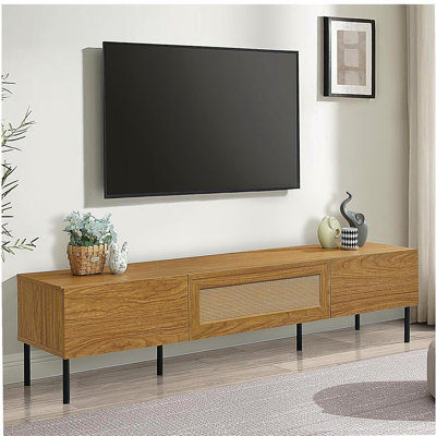Meuble télé de style bohémien convenant aux téléviseurs de 80 pouces et moins, centre multimédia de style campagne moderne avec centre de divertissement à pieds en métal, meuble télé de salon, cinéma maison