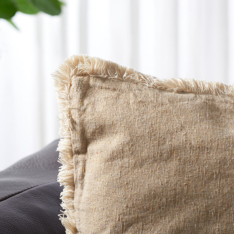 Beige and White Cotton Blend Square Throw Pillow with Fringe