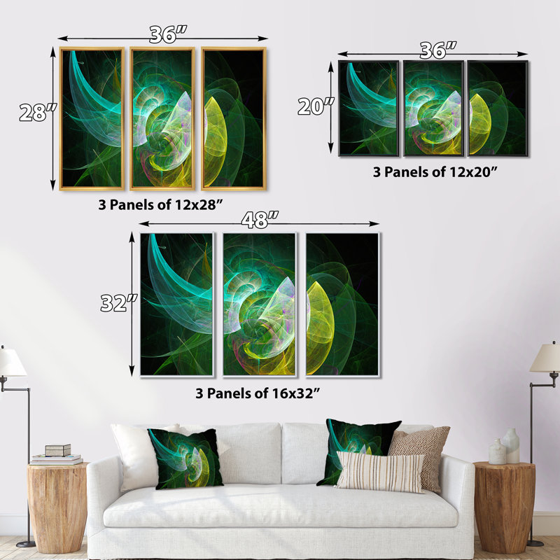 Vert mystique texturé vert - ensemble de 3 toiles abstraites encadrées, Noir, H 28 po x l 36 po x P 1 po