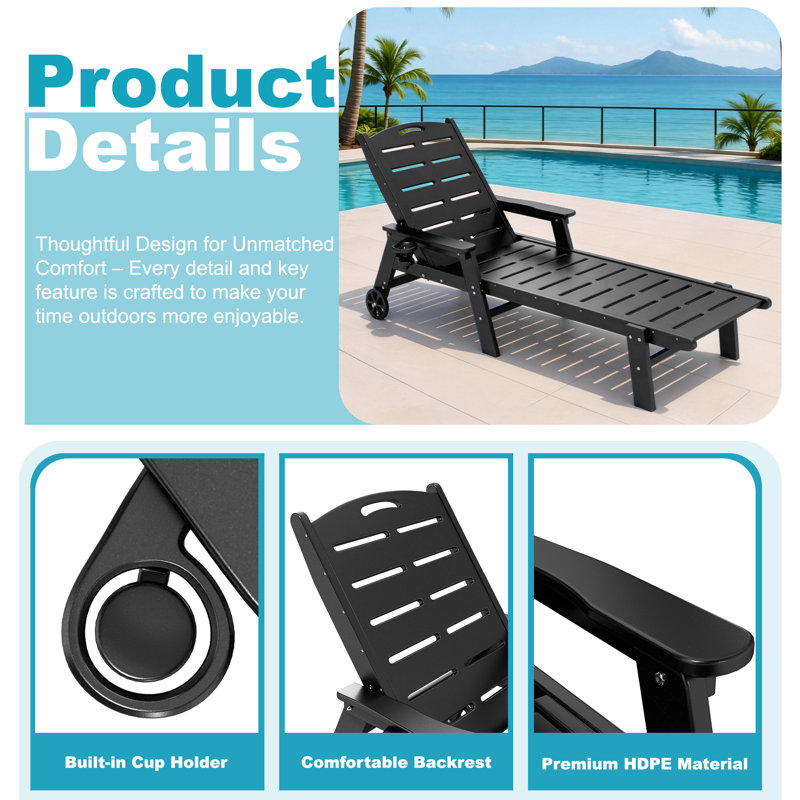 HDPE Outdoor Chaise Lounge – 5-Position Adjustable with Wheels & Cup Holder, Black