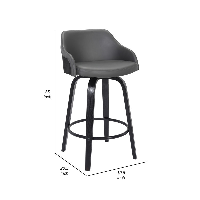 Aiken Swivel Counter or Bar Height Bar Stool with Arms in Faux Leather, Plywood and Metal Footrest, Grey Faux Leather, Black