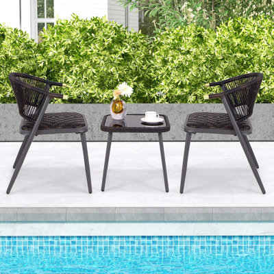 George Oliver 3 Pcs Patio Rattan Furniture Set With Tempered Glass Tabletop Wicker Seat