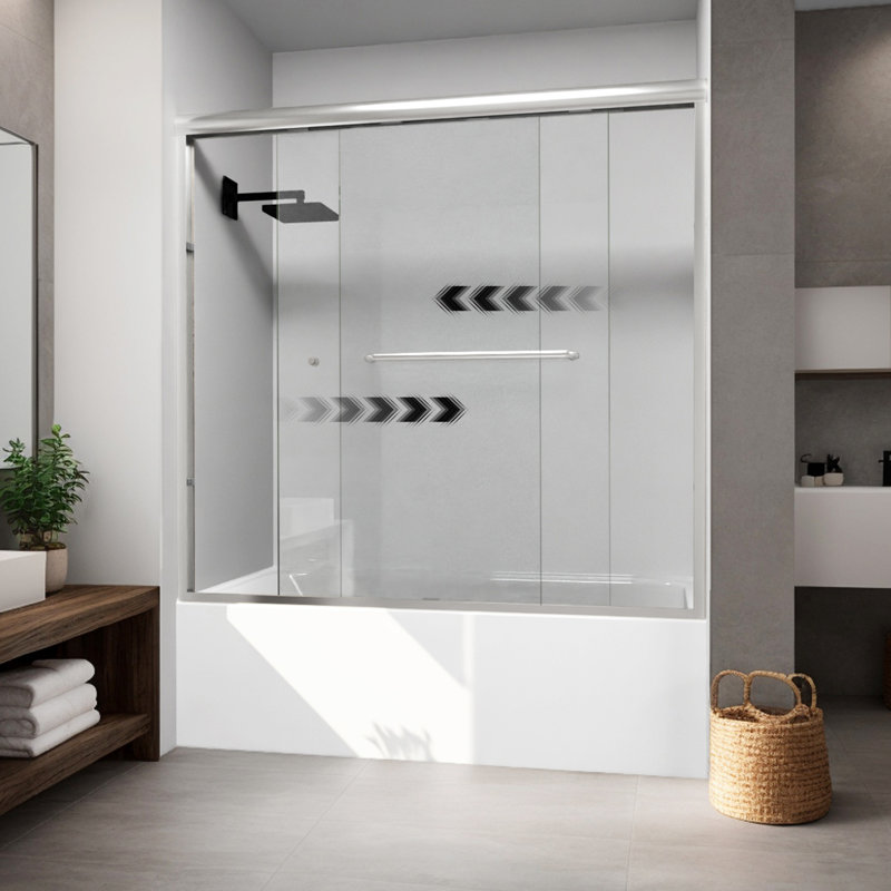 Porte de baignoire coulissante double semi-sans cadre de 59 po L x 56 po H, Chrome, Transparent
