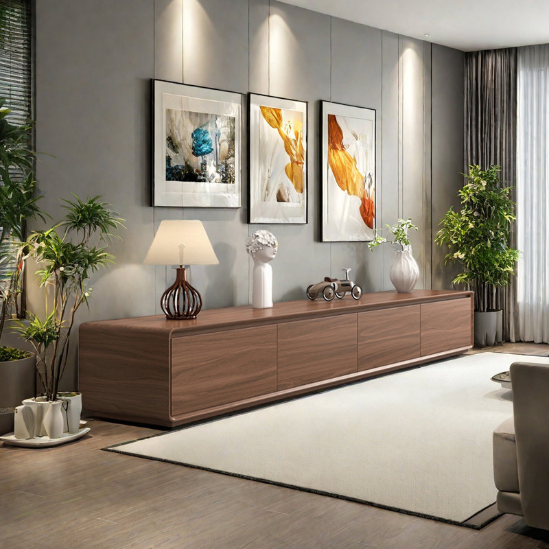 Meuble télé multi-tiroirs avec base pleine, Tanné, H 13,77 po x L 110,23 po x l 15,74 po