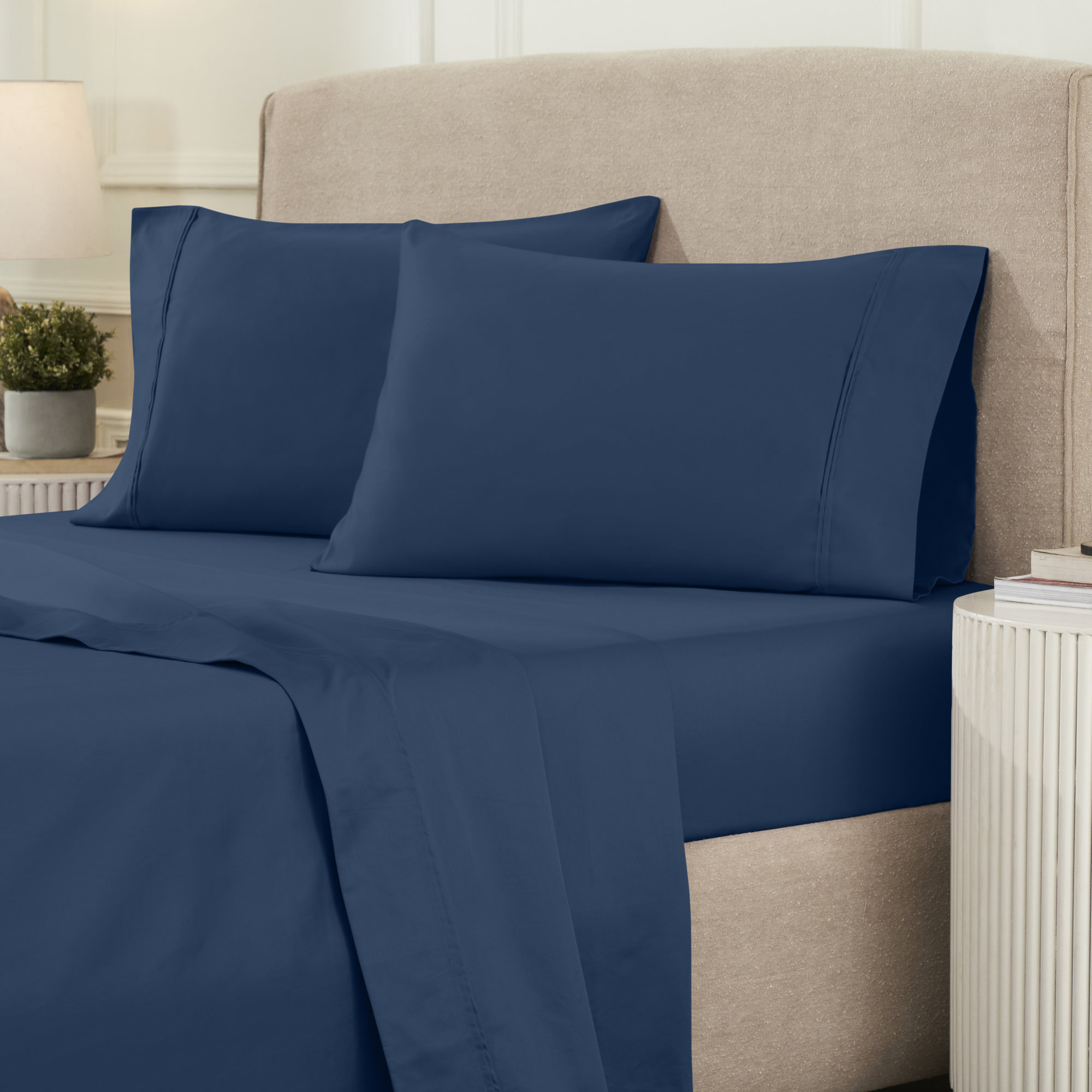 Mellark 1200 Thread Count Egyptian-Quality Cotton Sateen Sheet Set, Navy Blue, King Sheet Set with 2 Pillowcases