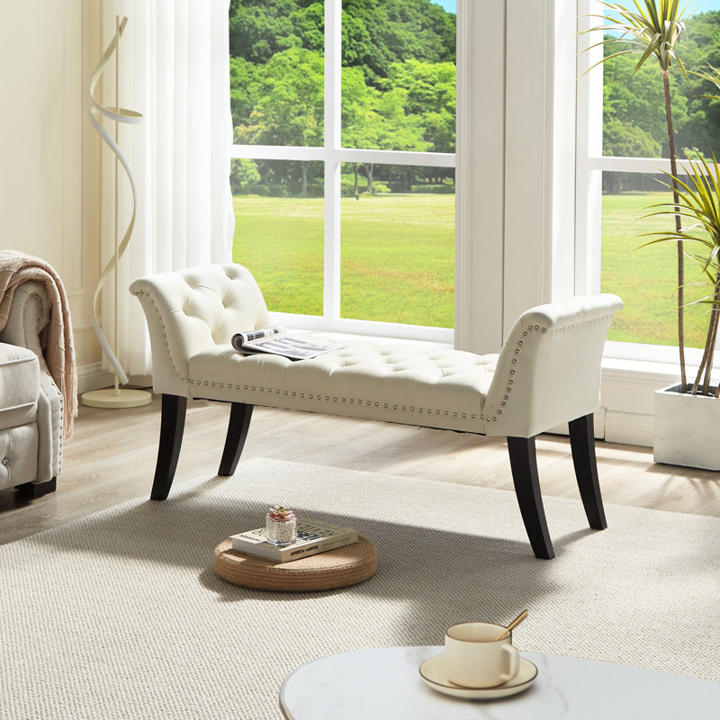 Banc en velours beige avec accoudoirs rectangulaire, confortable pour la chambre à coucher, le salon, la salle à manger, le vestibule, le siège de salle à manger de style antique