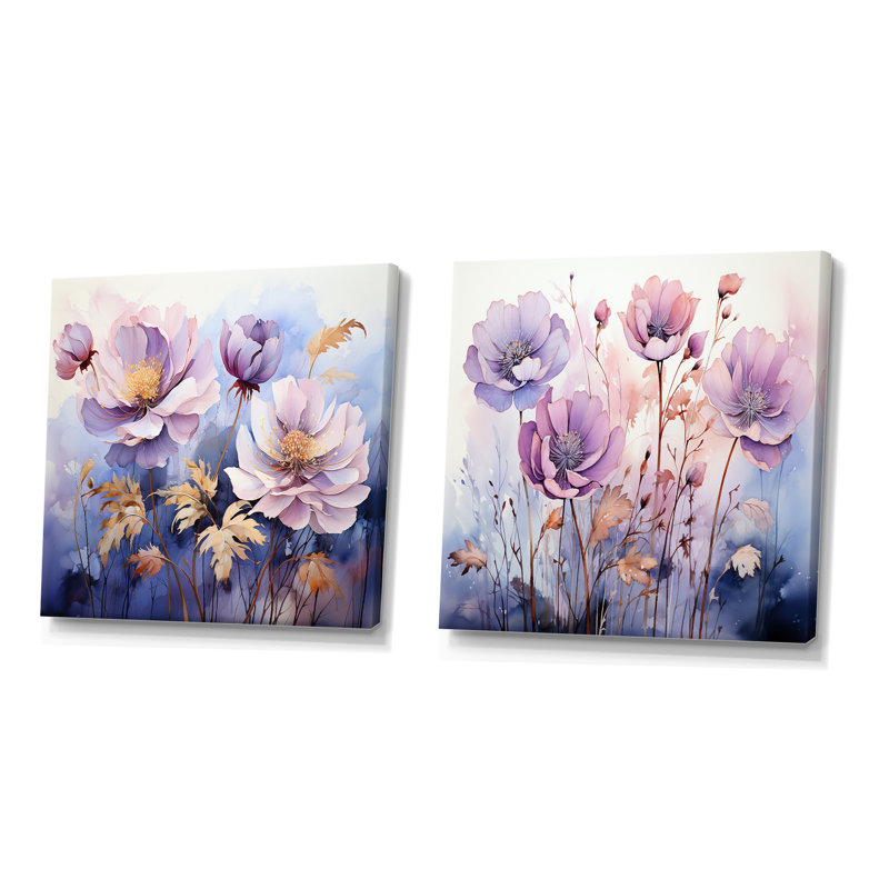 Fleurs bleues et mauves mystiques - ensemble de 2 collages carrés botaniques abstraits, H 16 po x l 33 po, Toile tendue